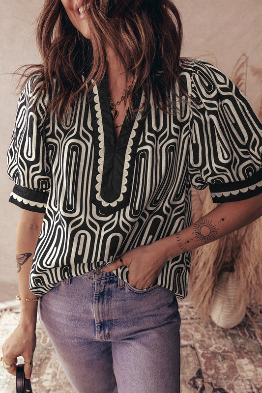 Geometric Print Contrast Scallop Color Block Patchwork Short Sleeve Blouse