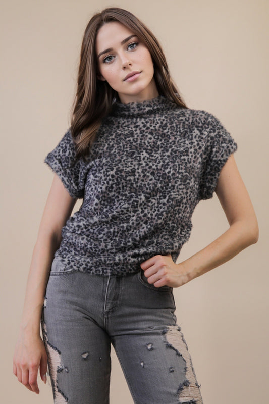 Side Elastic Detail Leopard Soft Knit Vest Top