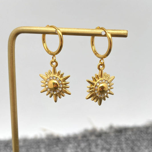 Inlaid CZ Sun Charm 18K Gold Plated Steel Huggie