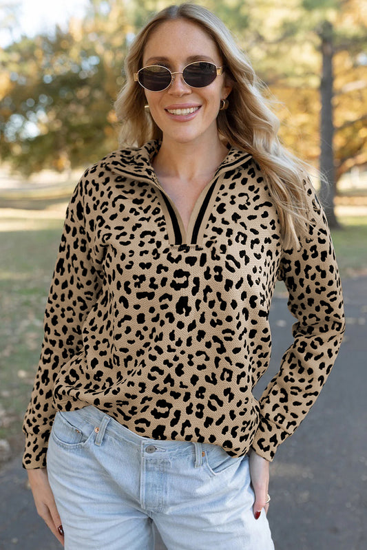 Leopard Print Quarter Zip V Neck Top