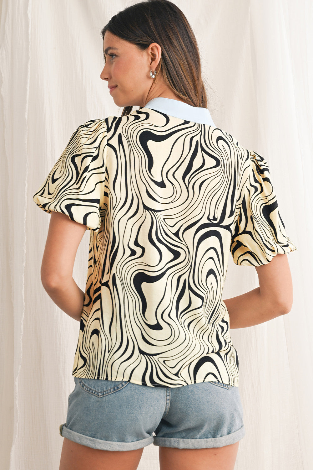 White Zebra Print Puff Sleeve Pop of Color Neckline Blouse