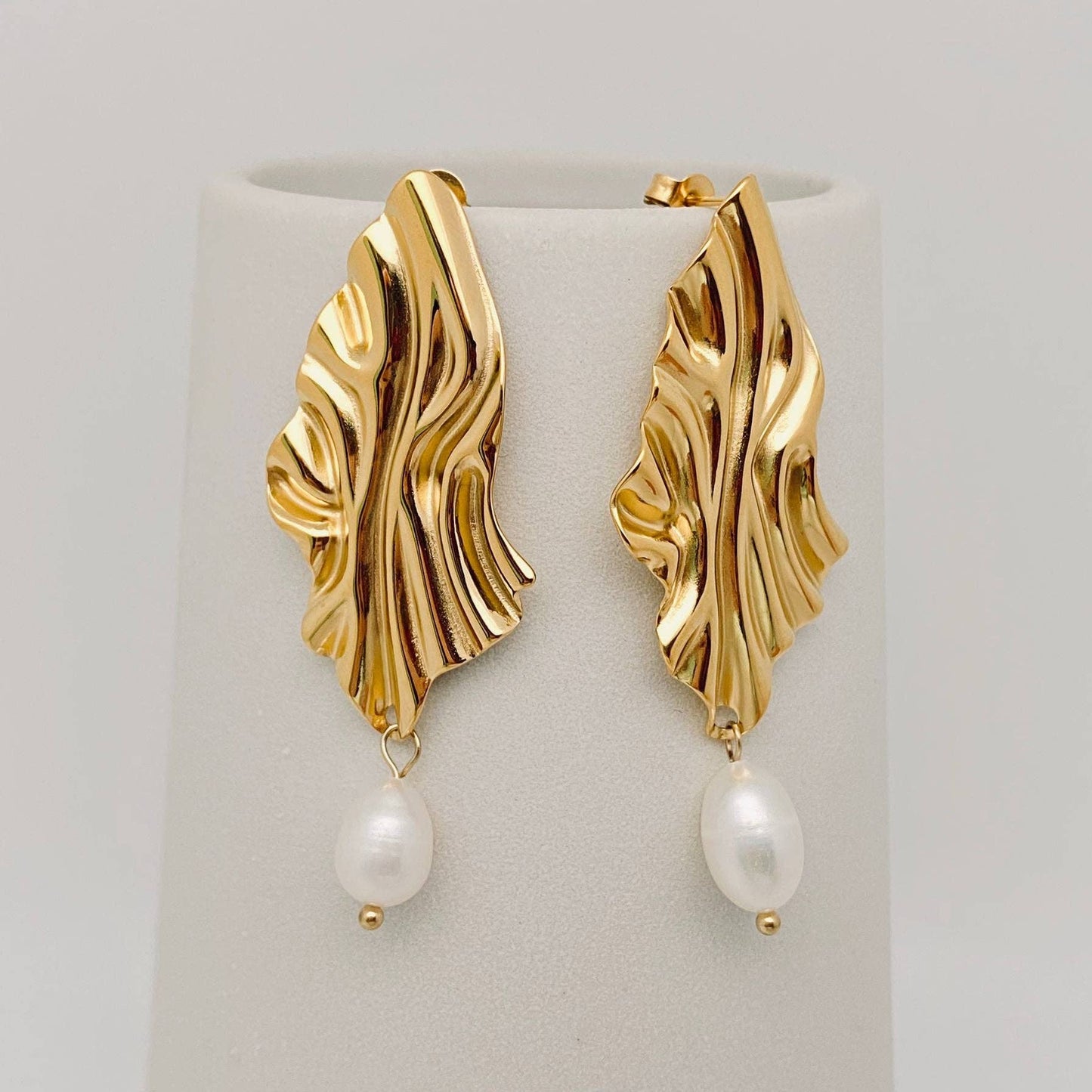 Pleated Textured Pearl Charm 18K Gold Plated Earrings