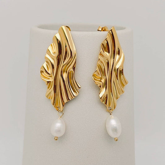 Pleated Textured Pearl Charm 18K Gold Plated Earrings