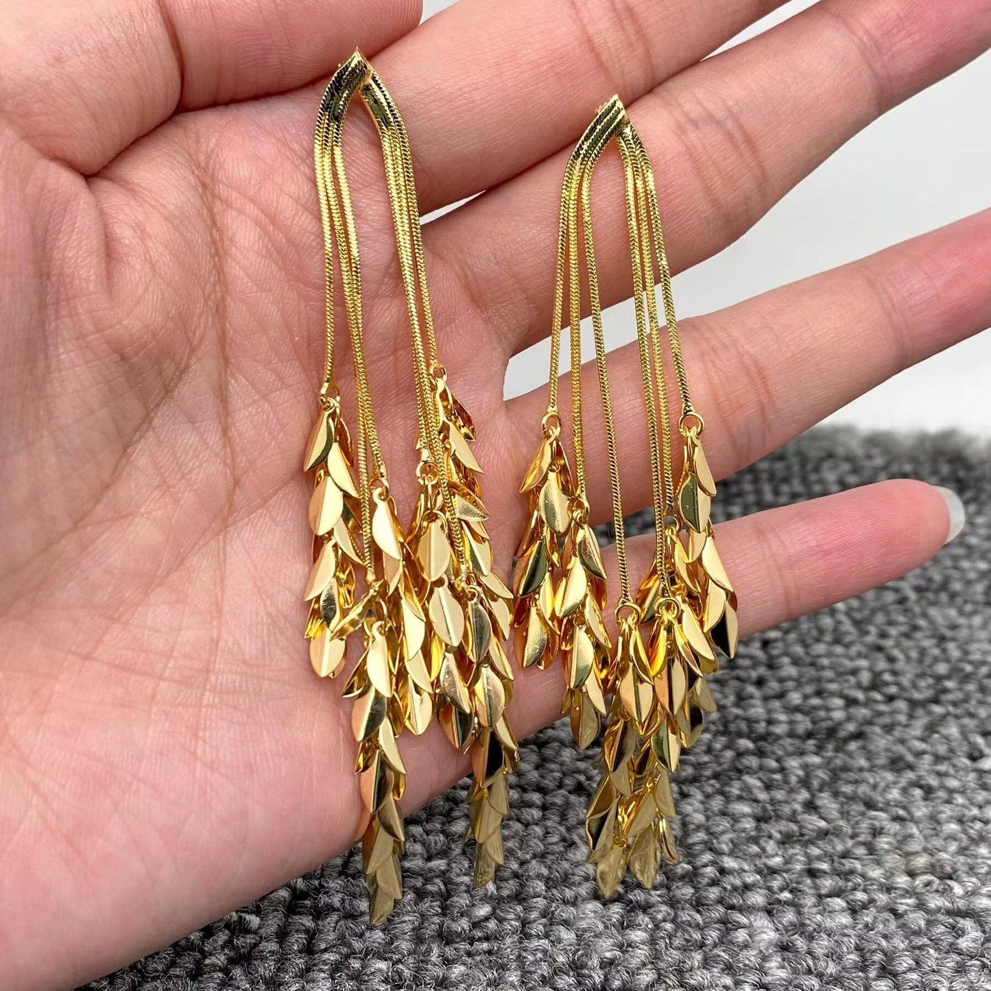 18K Gold Plated Metal Leaves Fringe Post Earrings