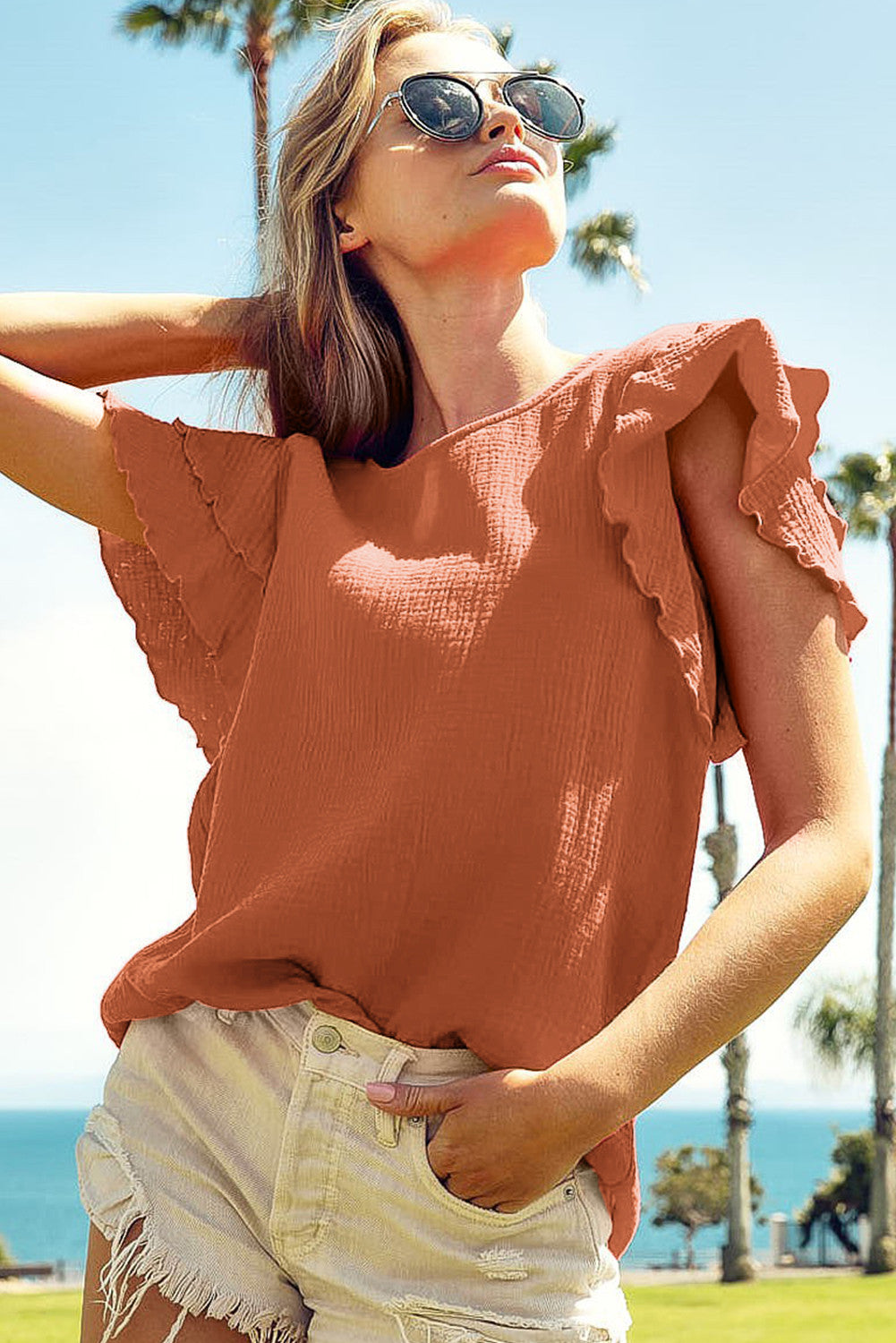 Crinkled Ruffle Sleeve Blouse