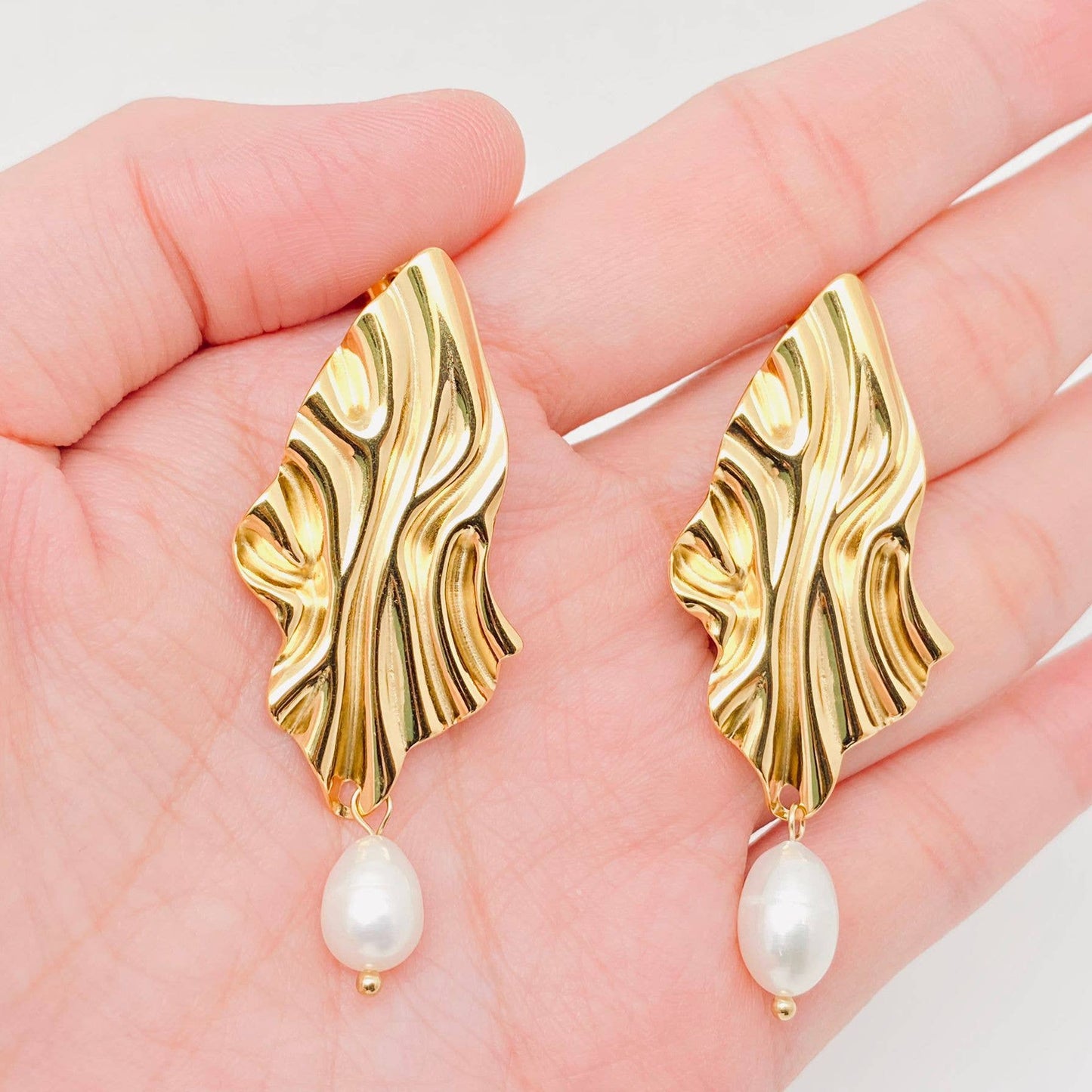 Pleated Textured Pearl Charm 18K Gold Plated Earrings