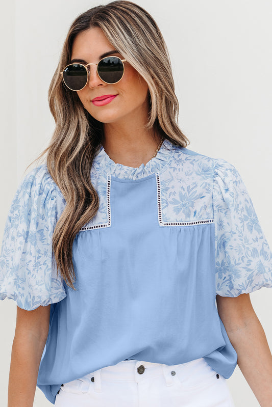 Beau Blue Lace Insert Floral Puff Sleeve Blouse