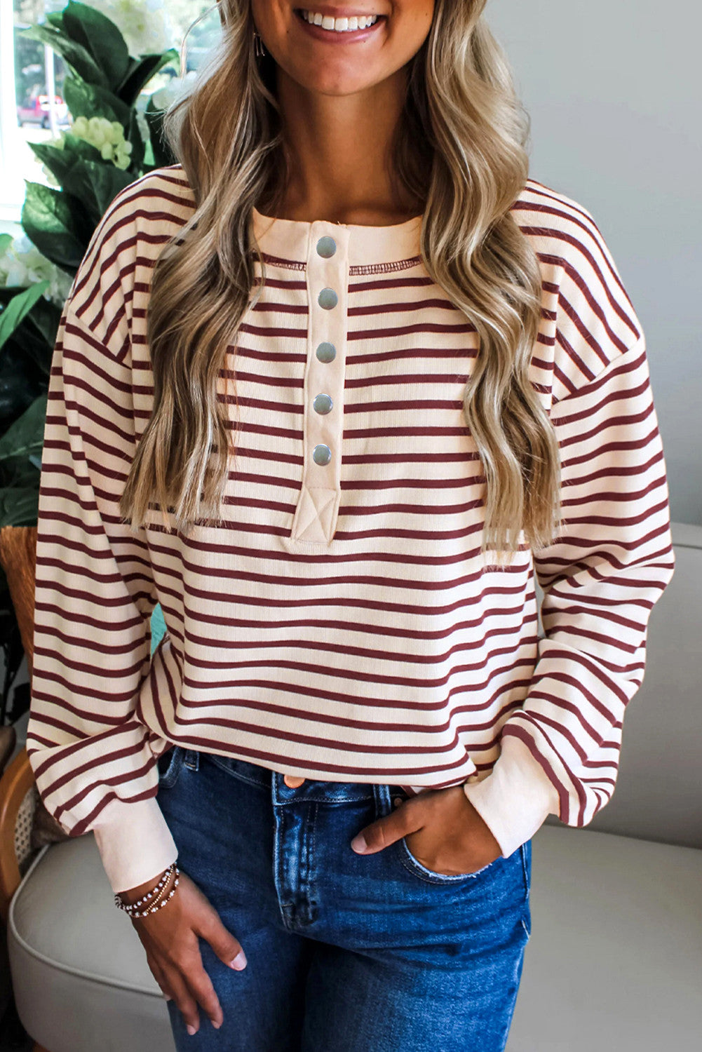 Red Dahlia Striped Henley Top