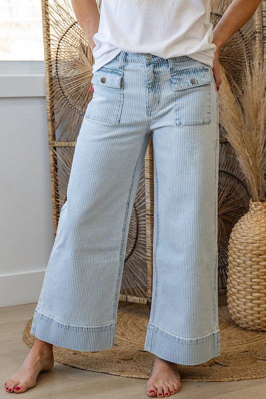 Sky Blue Striped Button Flap Pocket Cuffed Hem Wide Leg Jeans