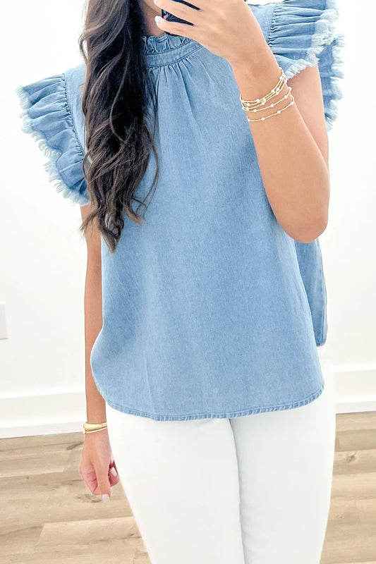Beau Blue Frilled Collar Flutter Sleeve Denim Top