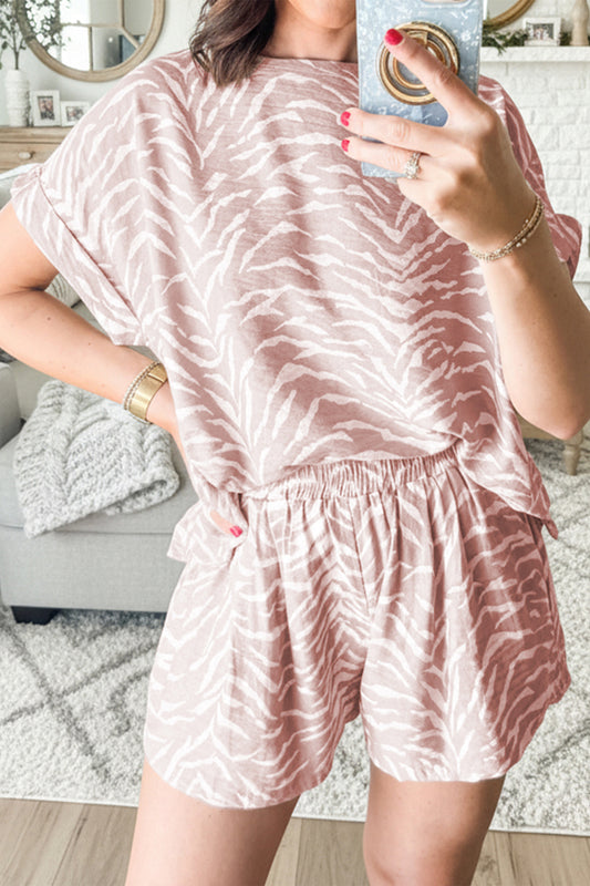 Abstract Print Cuffed Short Sleeve Loose Top Short Set