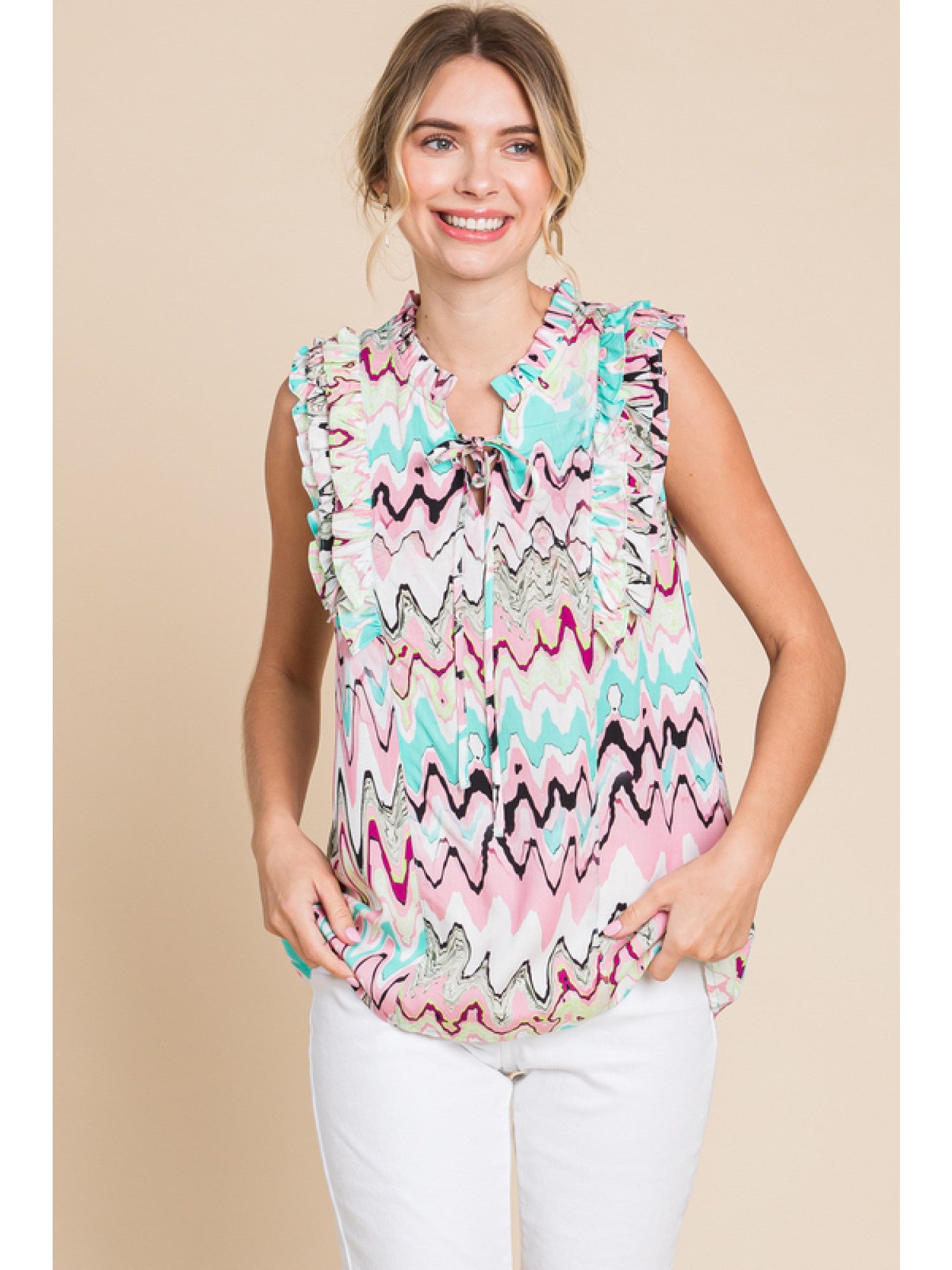 Print Top with Frilled Self-Tie Neck – Indulge Apparel