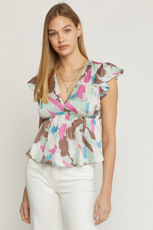 Satin Print V-Neck Short Sleeve Peplum Top